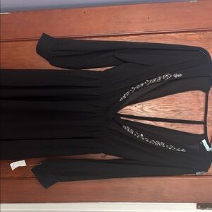Black Deep V Long Sleeve top with Embellished Neckline